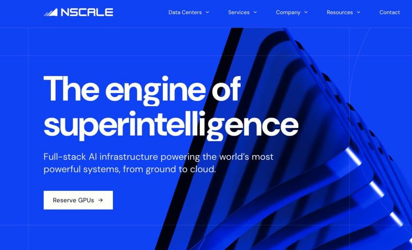 Главная страница сайта Nscale с заголовком The engine of superintelligence и кнопкой Reserve GPUs