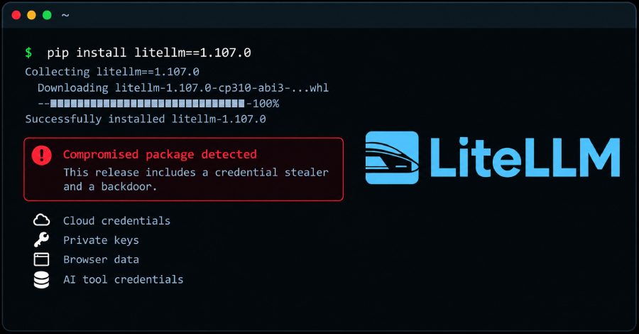 Терминал с предупреждением о скомпрометированном пакете LiteLLM