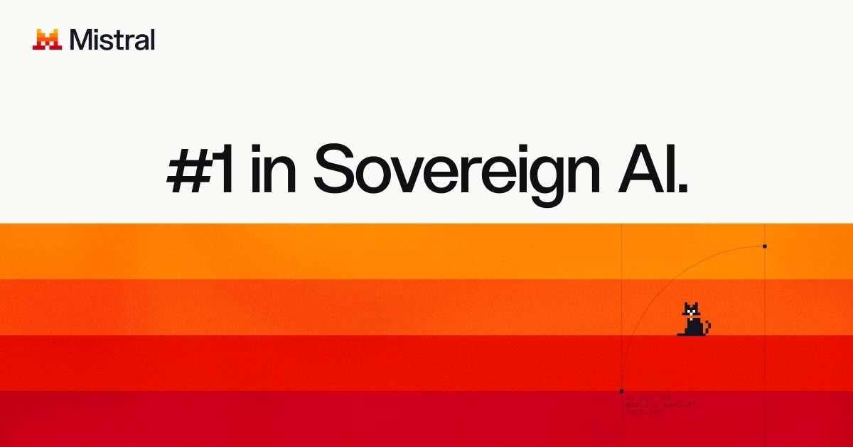Баннер Mistral AI «#1 in Sovereign AI» с градиентными полосами и силуэтом кота